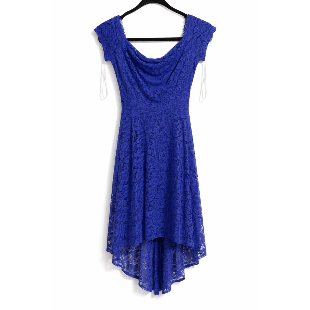 107 Royal Blue Off-Shoulder Lace High-Low Dress – Elegant Evening Party Dress